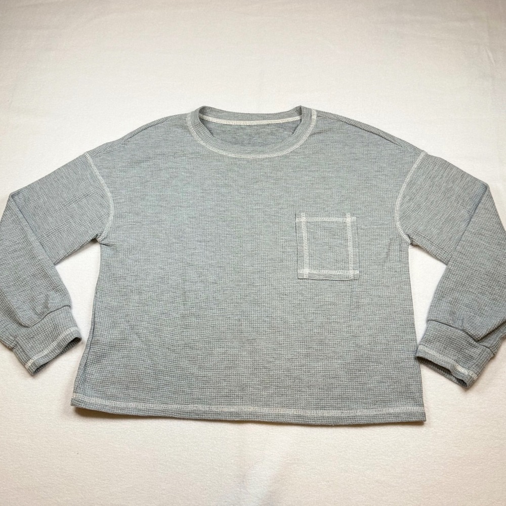 SHEIN Waffle Knit Long Sleeve Top Gray Crew Neck Chest Pocket Large
